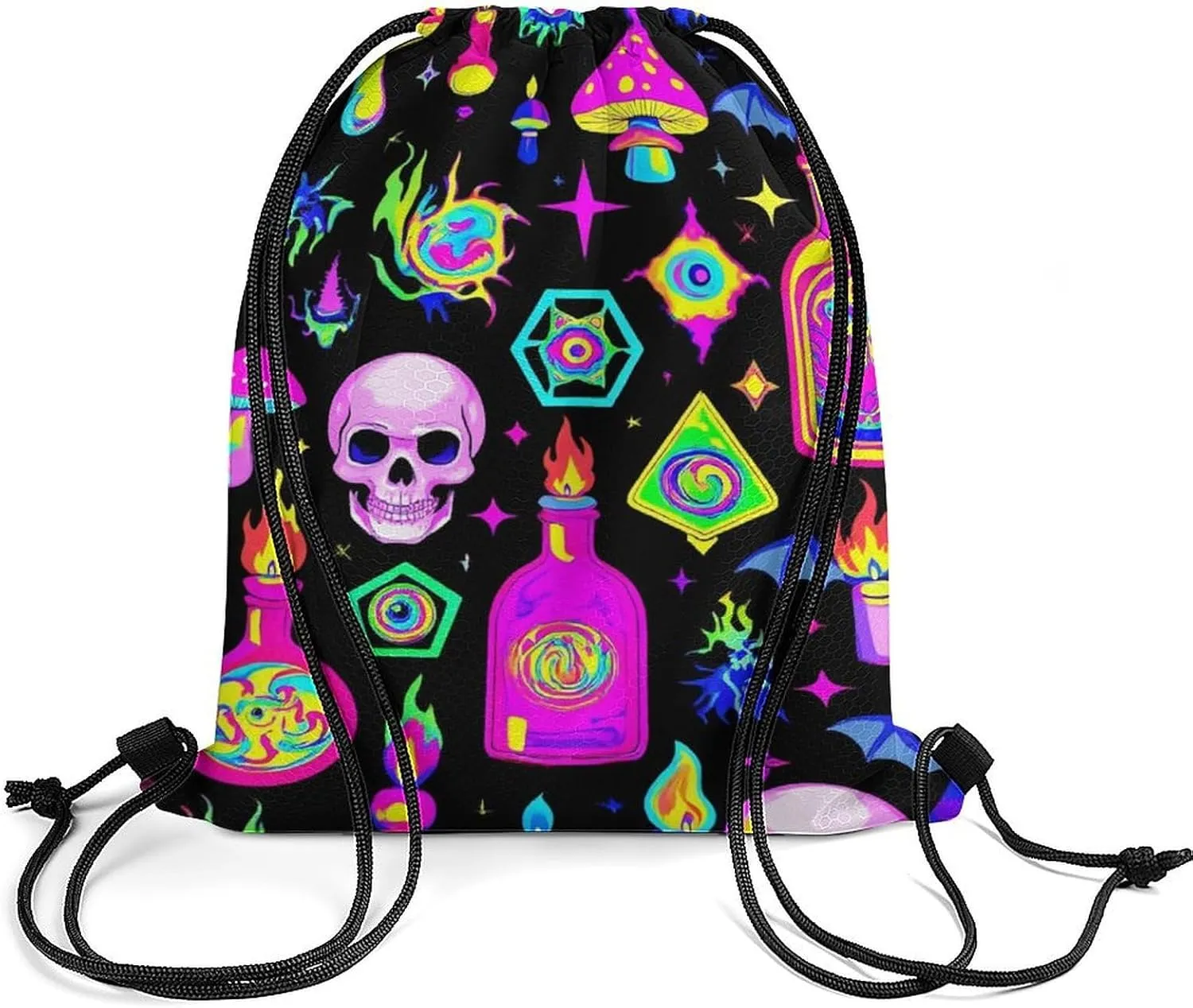 Waterproof Drawstring Bag Handbags, Goth Gothic Skull Mushroom Magic Witch Witchy Gym Bag Sackpack Sports Backpack for Men Women, Large Capacity Shoulder Bags with Strap