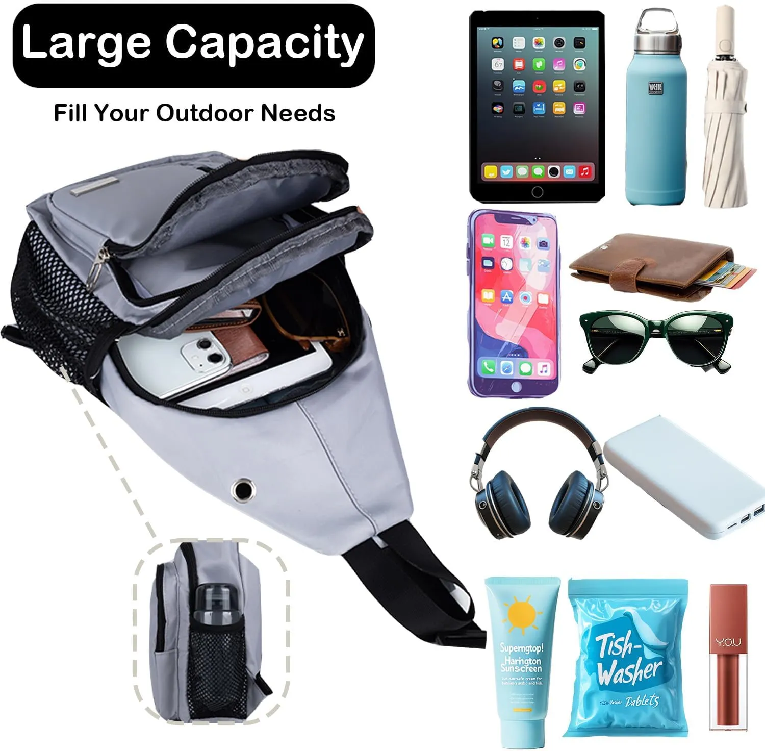 Waterproof Sling Backpack Crossbody Sling Bag, Cross Bag Adjustable Travel Hiking Essentials Casual Daypack Multipurpose Chest Bag Purse for Women Men