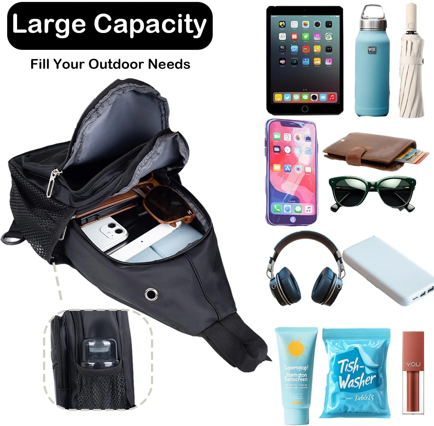 Waterproof Sling Backpack Crossbody Sling Bag for Women Men, Multipurpose Travel Hiking Adjustable Chest Bag Casual Daypack