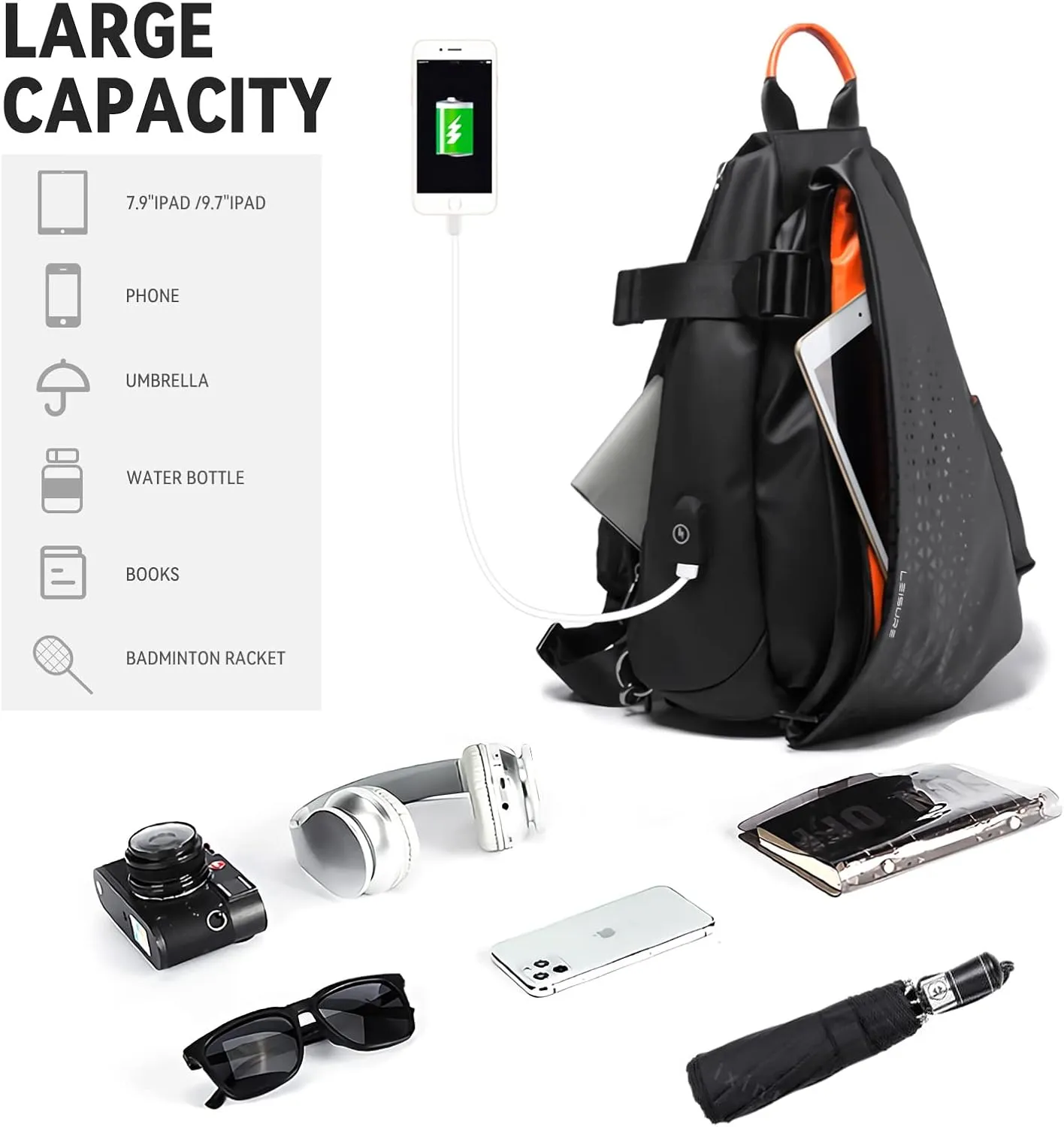 Waterproof Sling Bag for Men,Sling Backpack with USB Charger Crossbody one strap backpack Anti-Theft,Causal