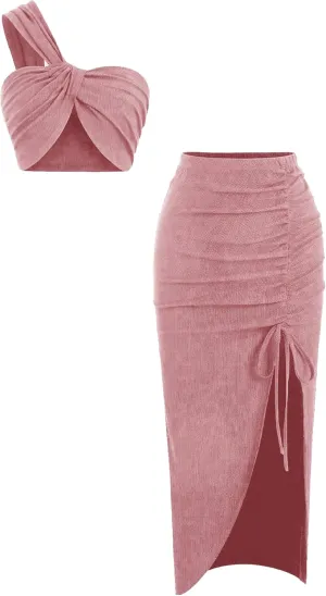 WDIRARA Women's 2 Piece Outfits One Shoulder Crop Tops and Side Split Bodycon Midi Skirt Set