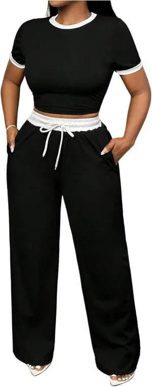 WDIRARA Women's 2 Piece Set Contrast Binding Short Sleeve Drawstring Waist Pants Outfits Tracksuit