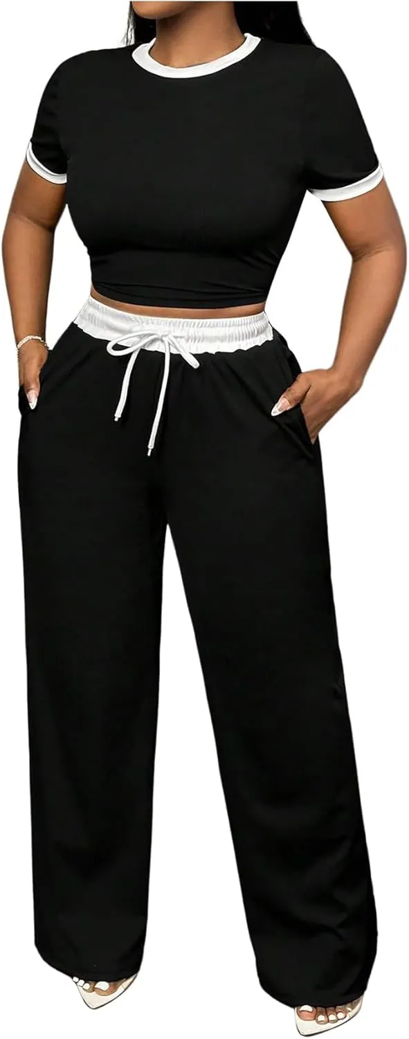 WDIRARA Women's 2 Piece Set Contrast Binding Short Sleeve Drawstring Waist Pants Outfits Tracksuit