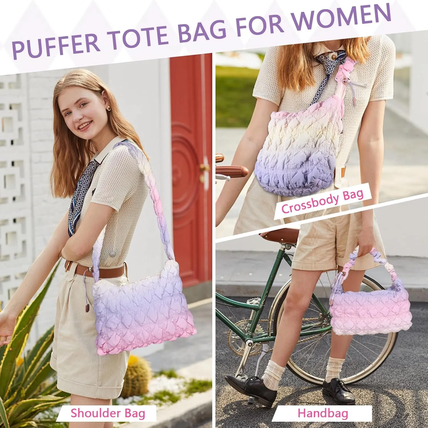 weiwei Quilted Puffer Tote Bag Crossbody Bags for Women Large Nylon Puffy Quilted Purse Carryall Hobo Tote Cloud Shoulder Bag