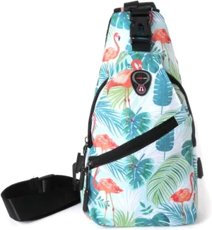 WESTEND Novelty Crossbody Sling Bag Backpack with Adjustable Strap for Men and Women. Flamingo with Tropical Leaves