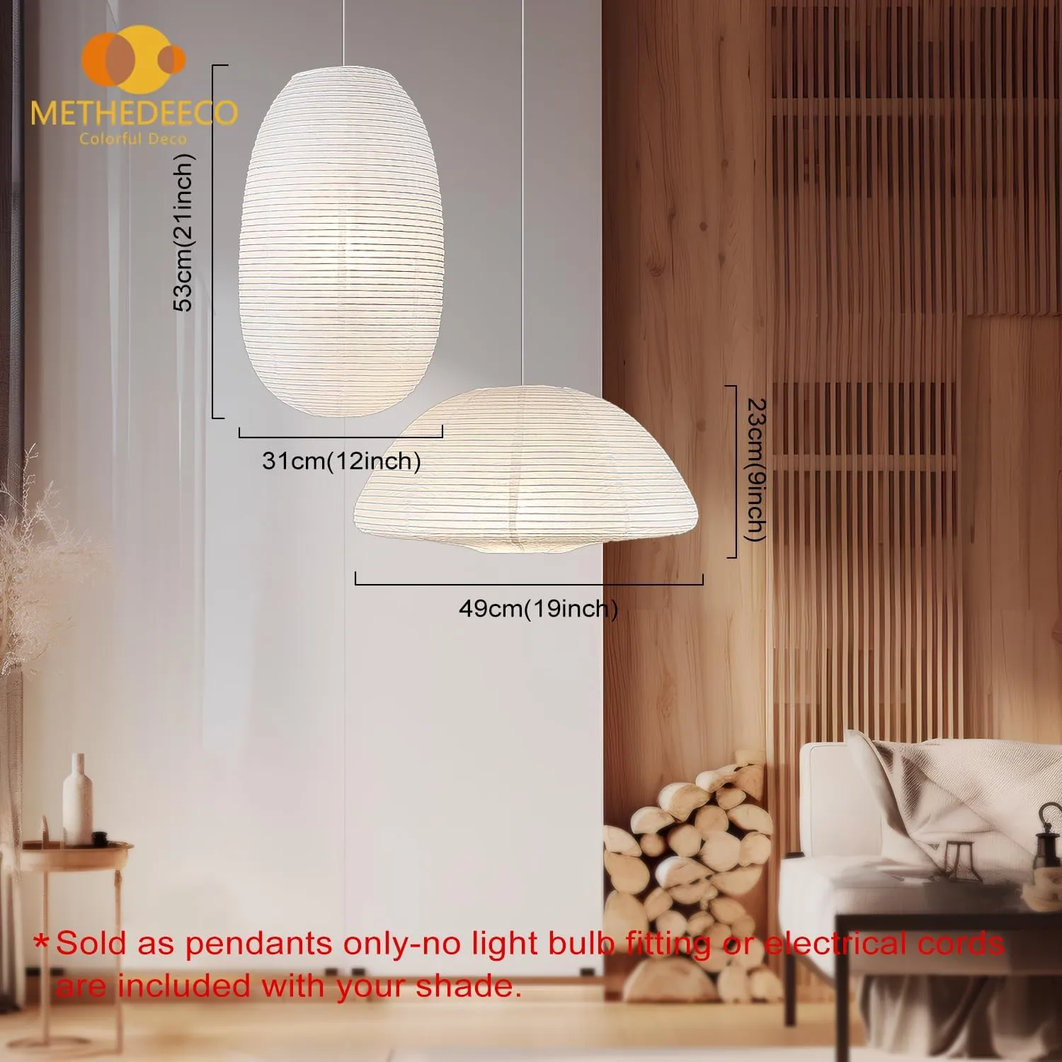 White Paper Lanterns 19 21inch 2PCS Large Rice Paper Lamp Shade Hanging Semicircular and Elliptical Pendant Light Shade Chinese Lantern for indoor bedroom,living room.gift for her