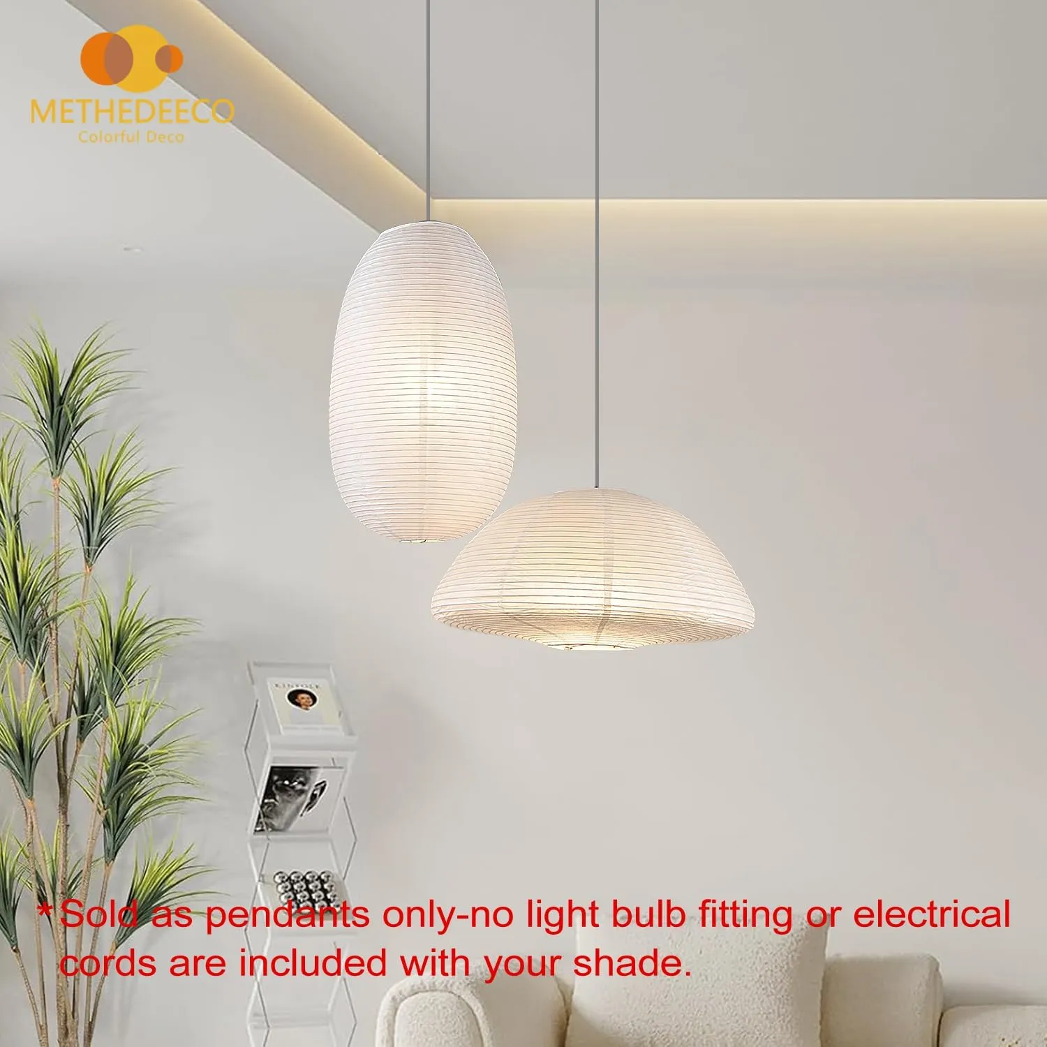 White Paper Lanterns 19 21inch 2PCS Large Rice Paper Lamp Shade Hanging Semicircular and Elliptical Pendant Light Shade Chinese Lantern for indoor bedroom,living room.gift for her