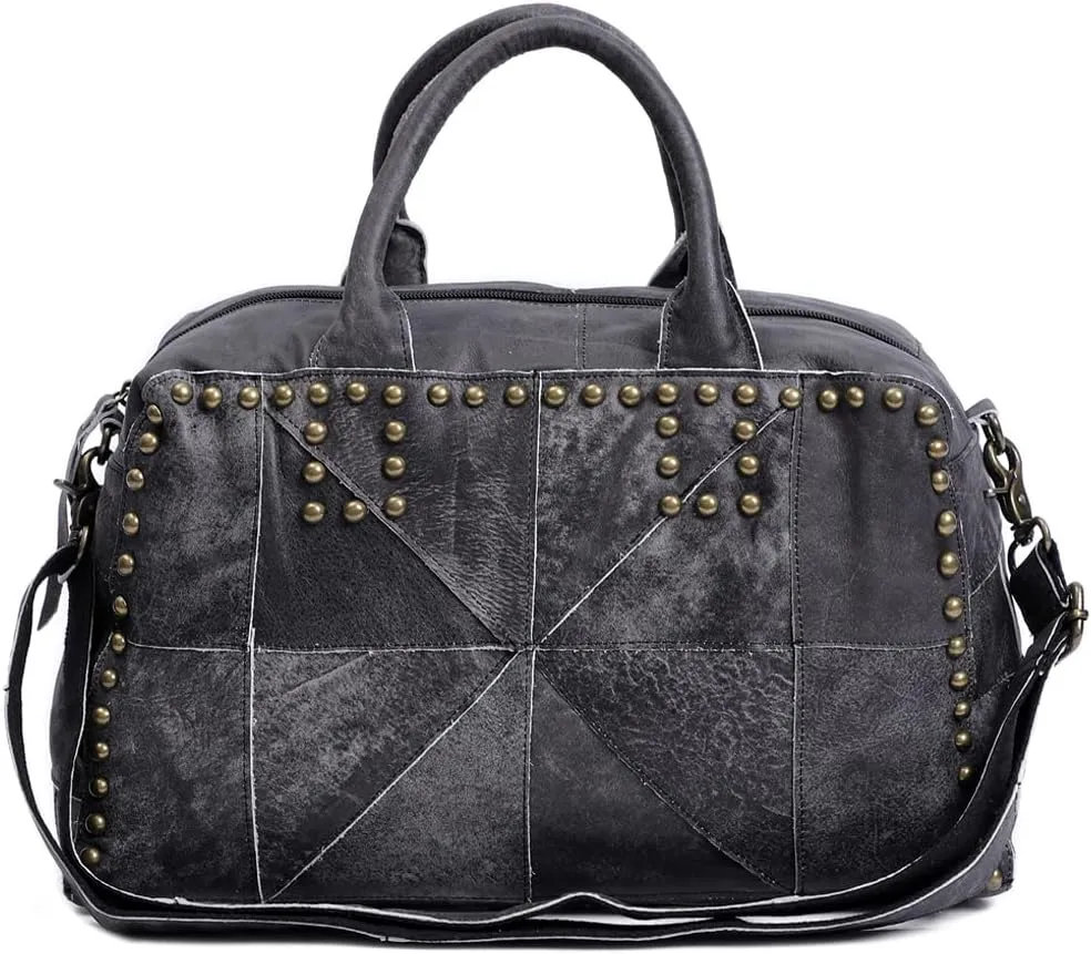 Willow Studded Handbag for Women Genuine Leather Boston Bag Large Capacity Shoulder Bag Retro Crossbody Bag