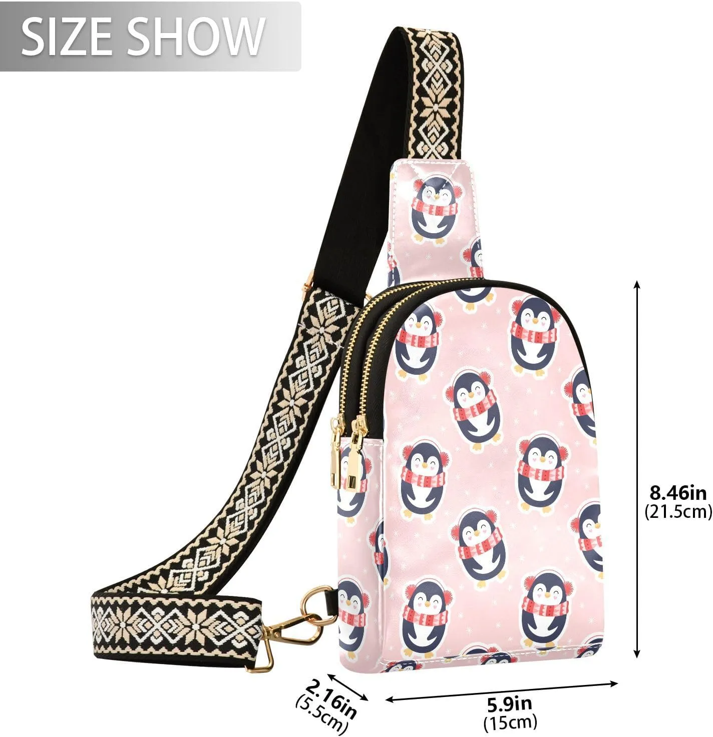 Winter Penguins Pink Trendy Crossbody Bag Fashion Waist Packs Christmas Cute Cross Body Leather Chest Bag for Women Fanny Pack Travel Outdoor Crossbody Sling Bag