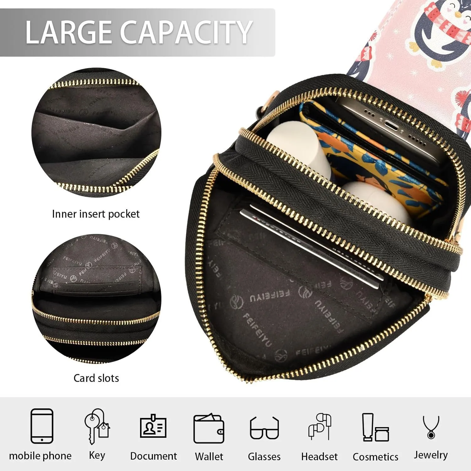 Winter Penguins Pink Trendy Crossbody Bag Fashion Waist Packs Christmas Cute Cross Body Leather Chest Bag for Women Fanny Pack Travel Outdoor Crossbody Sling Bag