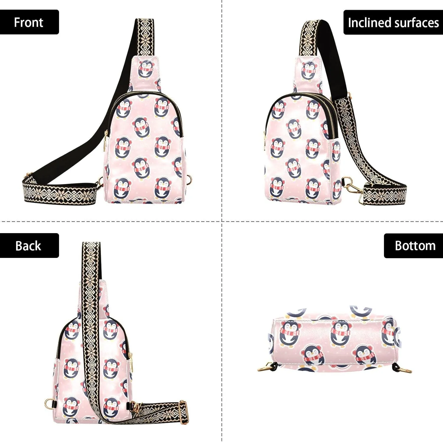 Winter Penguins Pink Trendy Crossbody Bag Fashion Waist Packs Christmas Cute Cross Body Leather Chest Bag for Women Fanny Pack Travel Outdoor Crossbody Sling Bag