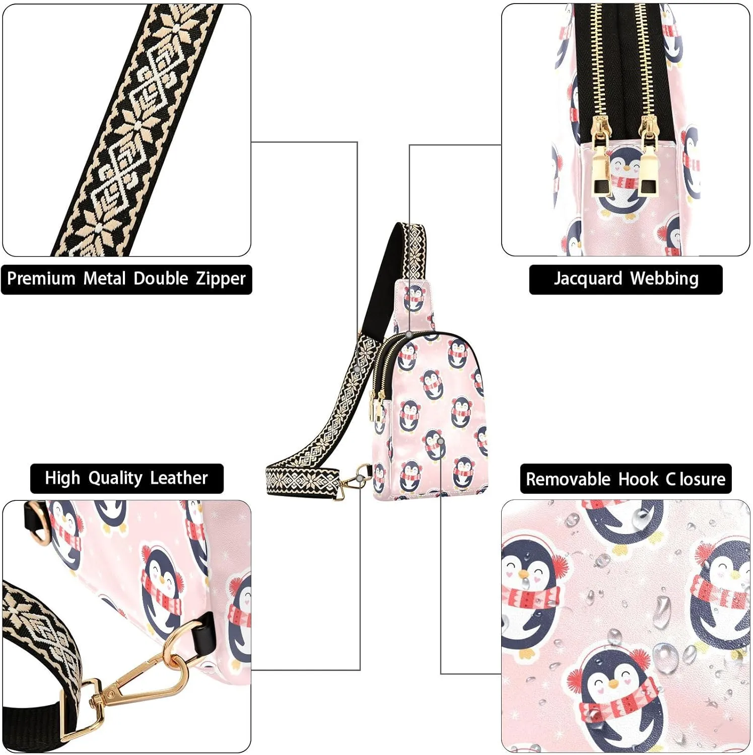 Winter Penguins Pink Trendy Crossbody Bag Fashion Waist Packs Christmas Cute Cross Body Leather Chest Bag for Women Fanny Pack Travel Outdoor Crossbody Sling Bag