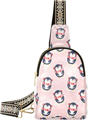 Winter Penguins Pink Trendy Crossbody Bag Fashion Waist Packs Christmas Cute Cross Body Leather Chest Bag for Women Fanny Pack Travel Outdoor Crossbody Sling Bag