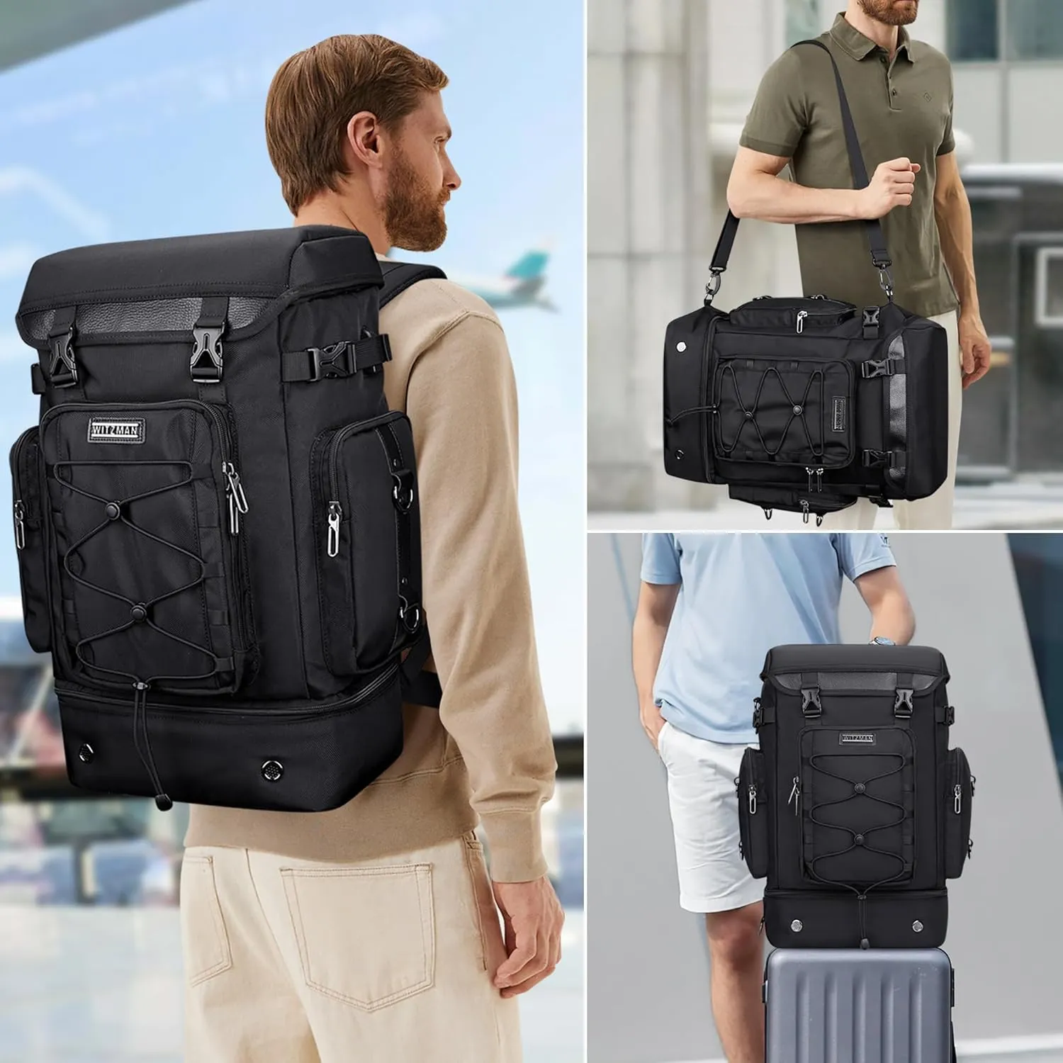WITZMAN Travel Backpack for Men Women Carry on Bags for Airline Approved Convertible Duffle Luggage Backpack Shoe Compartment（B691 Classic Black）
