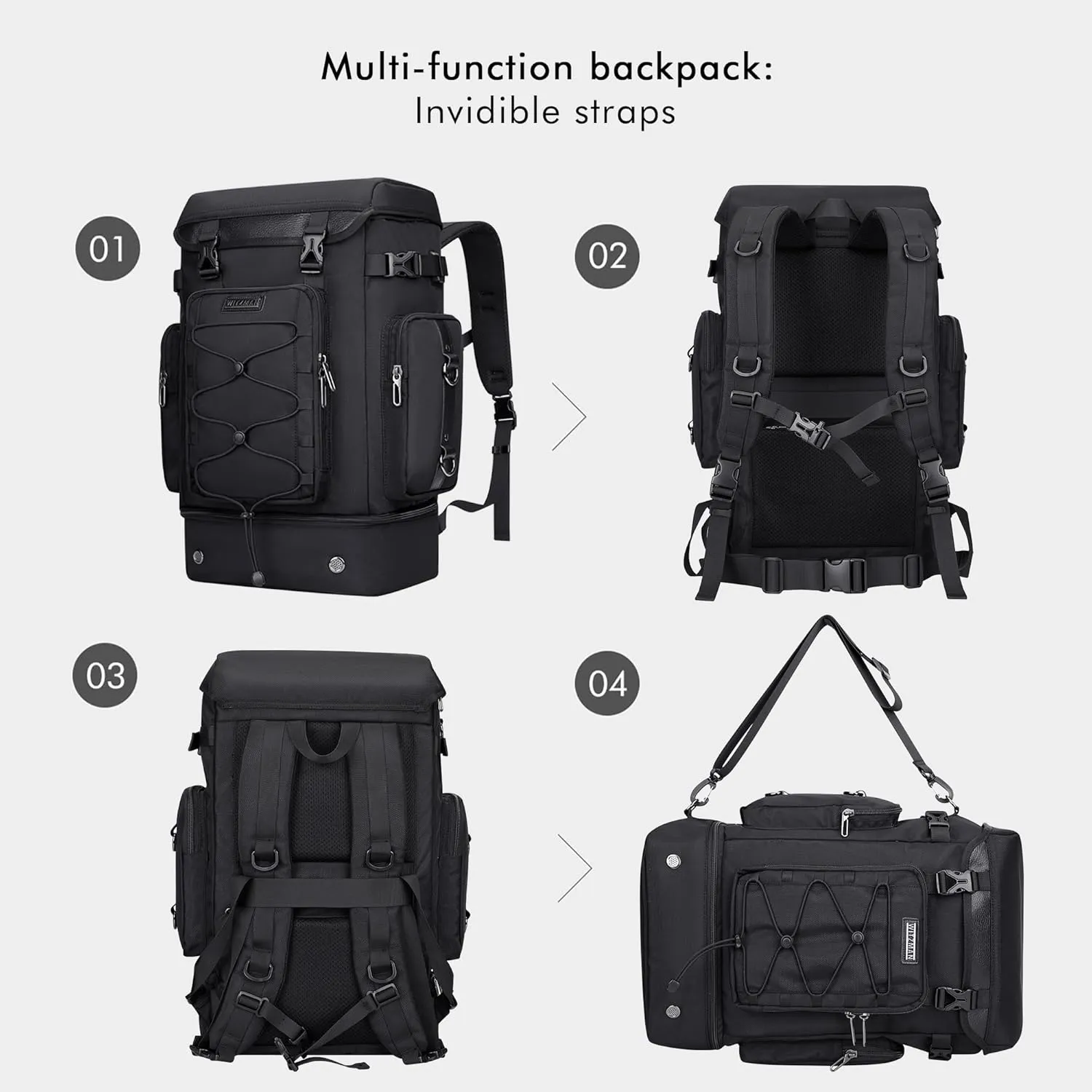 WITZMAN Travel Backpack for Men Women Carry on Bags for Airline Approved Convertible Duffle Luggage Backpack Shoe Compartment（B691 Classic Black）