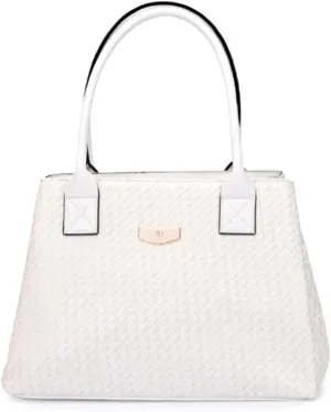 WJ Accessories Women's Designer Handbag, White Textured Leather Tote Bag, Double Handle