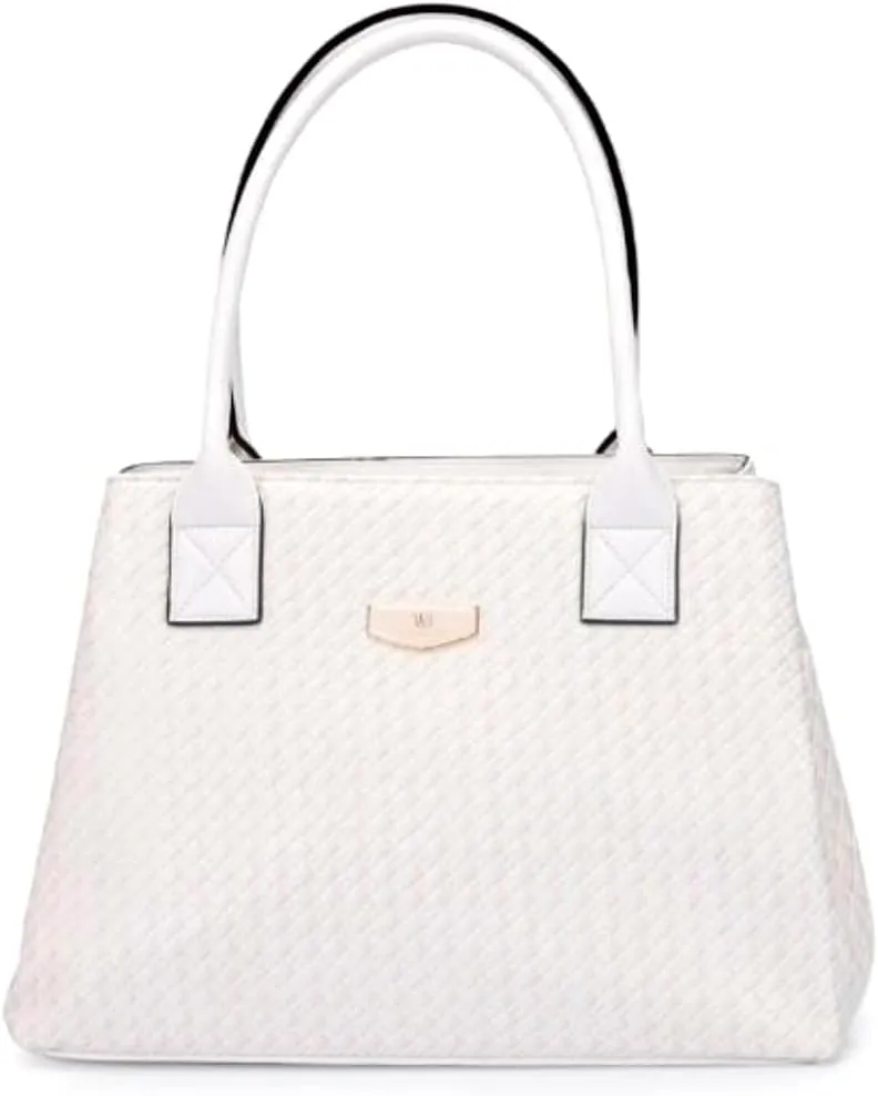 WJ Accessories Women's Designer Handbag, White Textured Leather Tote Bag, Double Handle