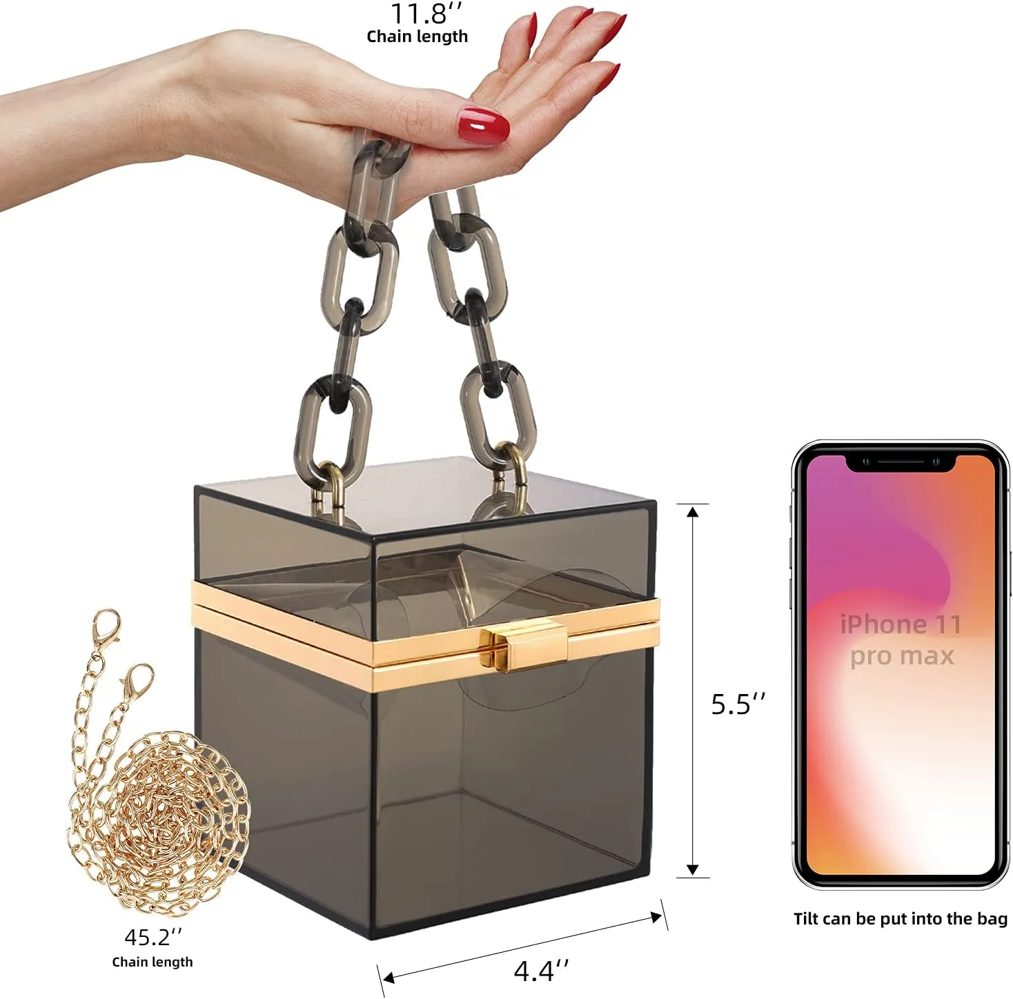 WJCD Cute Clear Acrylic Plastic Neon Hard Frame Party Clutch Purse with Gold Chain Strap