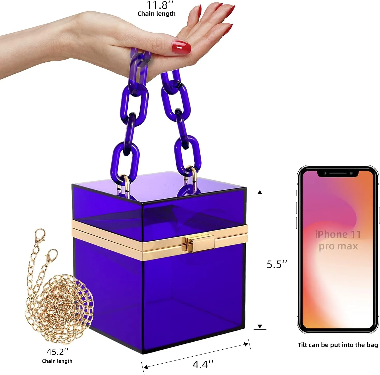 WJCD Cute Clear Acrylic Plastic Neon Hard Frame Party Clutch Purse with Gold Chain Strap