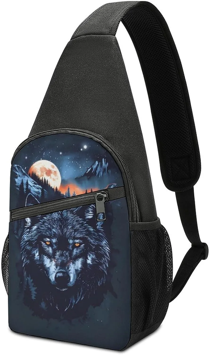 Wolf Hunting Moon Crossbody Bags for Women Men Sling Bag Casual Chest Bag Daypack for Travel Sport Hiking