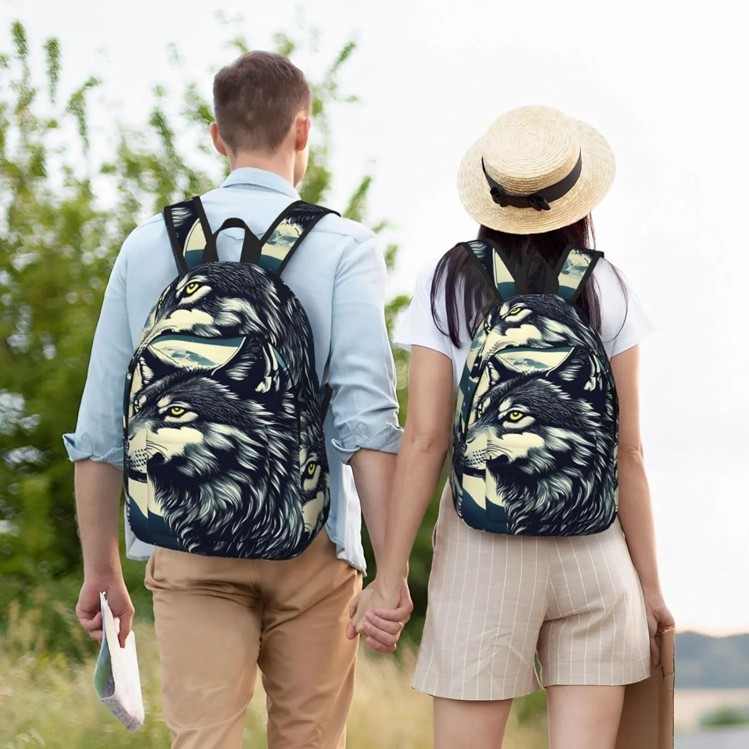 Wolf Night Moon print Large Laptop Backpack for Women, Work Business Backpacks College Bookbag for School