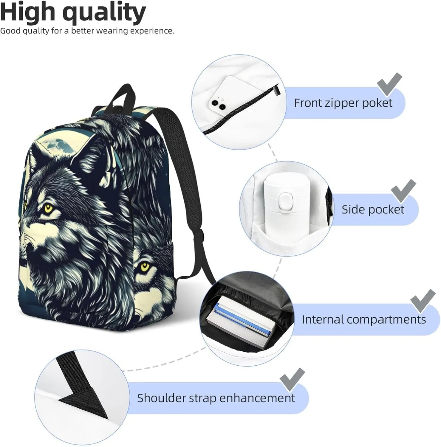 Wolf Night Moon print Large Laptop Backpack for Women, Work Business Backpacks College Bookbag for School