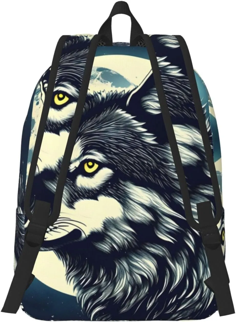 Wolf Night Moon print Large Laptop Backpack for Women, Work Business Backpacks College Bookbag for School