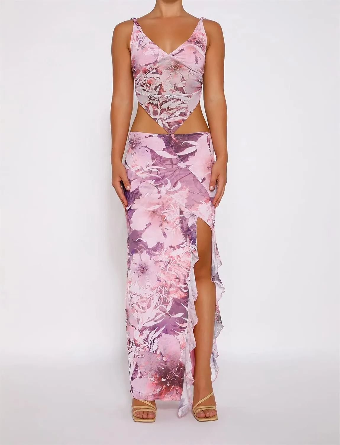 Women 2 Pieces Maxi Skirts Outfits Backless Slim Fit Camis Crop Tube Tops Split Midi Skirt Set Y2K Party Beach Clothes