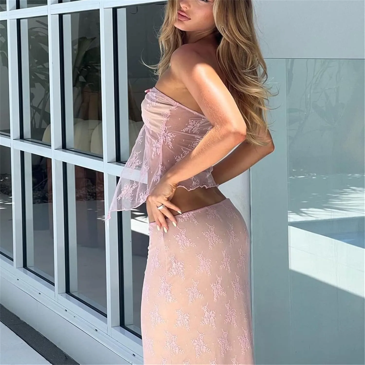 Women 2 Pieces Maxi Skirts Outfits Backless Slim Fit Camis Crop Tube Tops Split Midi Skirt Set Y2K Party Beach Clothes