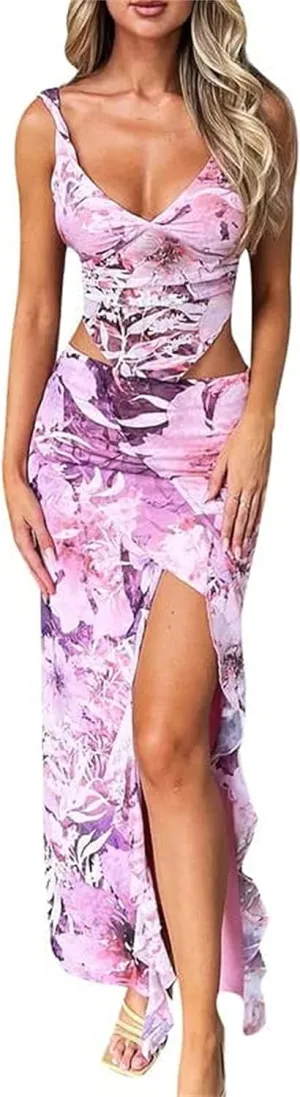 Women 2 Pieces Maxi Skirts Outfits Backless Slim Fit Camis Crop Tube Tops Split Midi Skirt Set Y2K Party Beach Clothes
