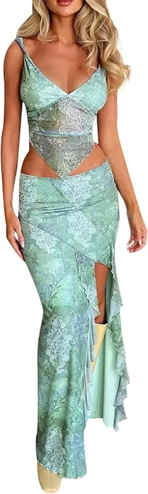 Women 2 Pieces Maxi Skirts Outfits Backless Slim Fit Camis Crop Tube Tops Split Midi Skirt Set Y2K Party Beach Clothes