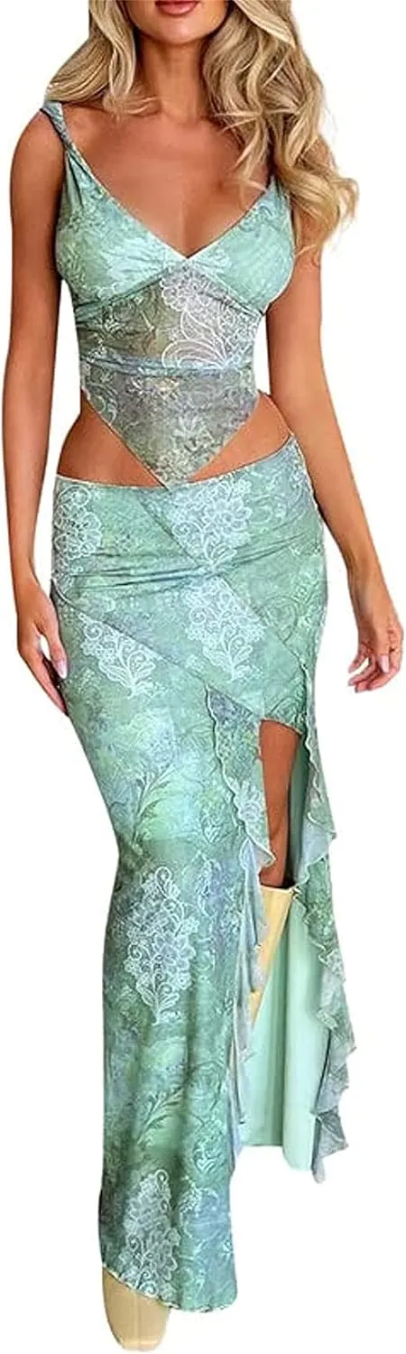 Women 2 Pieces Maxi Skirts Outfits Backless Slim Fit Camis Crop Tube Tops Split Midi Skirt Set Y2K Party Beach Clothes