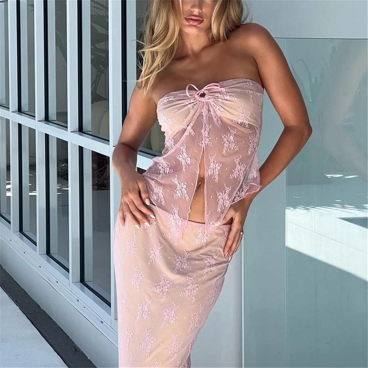 Women 2 Pieces Maxi Skirts Outfits Backless Slim Fit Camis Crop Tube Tops Split Midi Skirt Set Y2K Party Beach Clothes