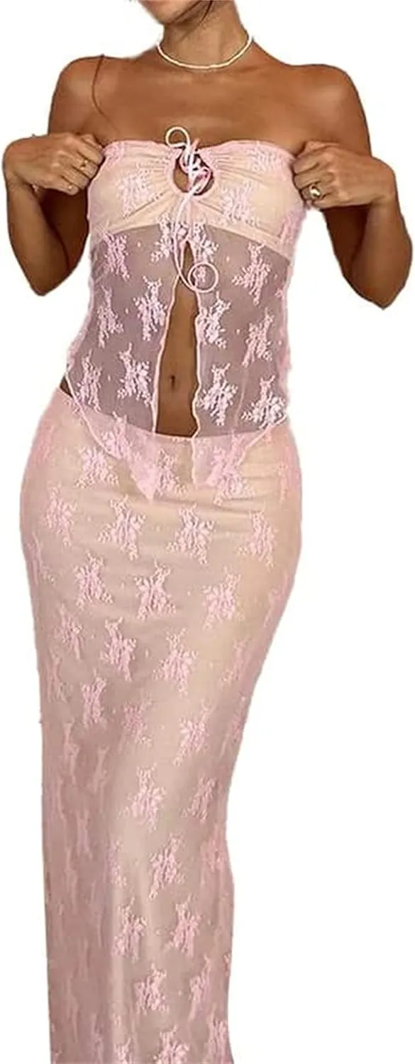 Women 2 Pieces Maxi Skirts Outfits Backless Slim Fit Camis Crop Tube Tops Split Midi Skirt Set Y2K Party Beach Clothes