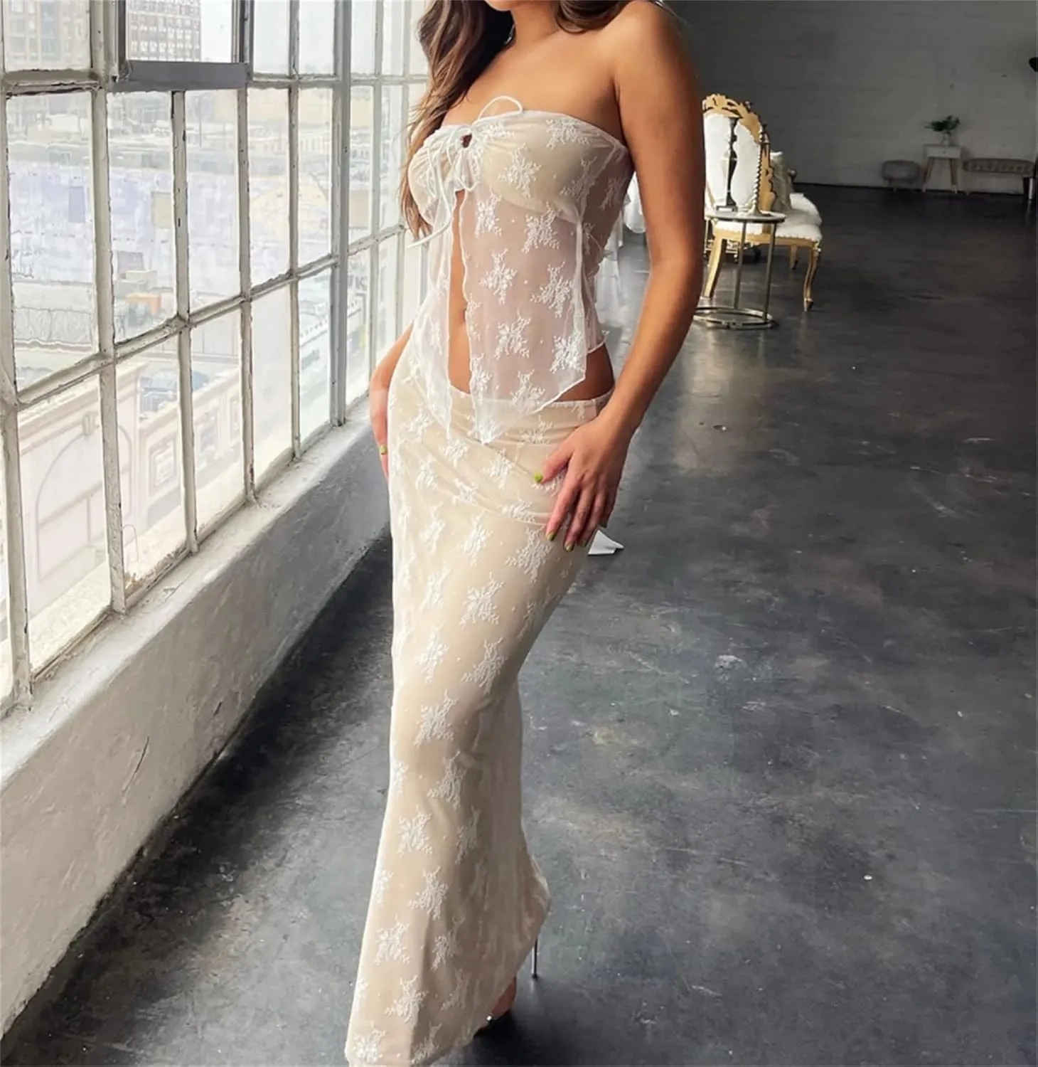 Women 2 Pieces Maxi Skirts Outfits Backless Slim Fit Camis Crop Tube Tops Split Midi Skirt Set Y2K Party Beach Clothes