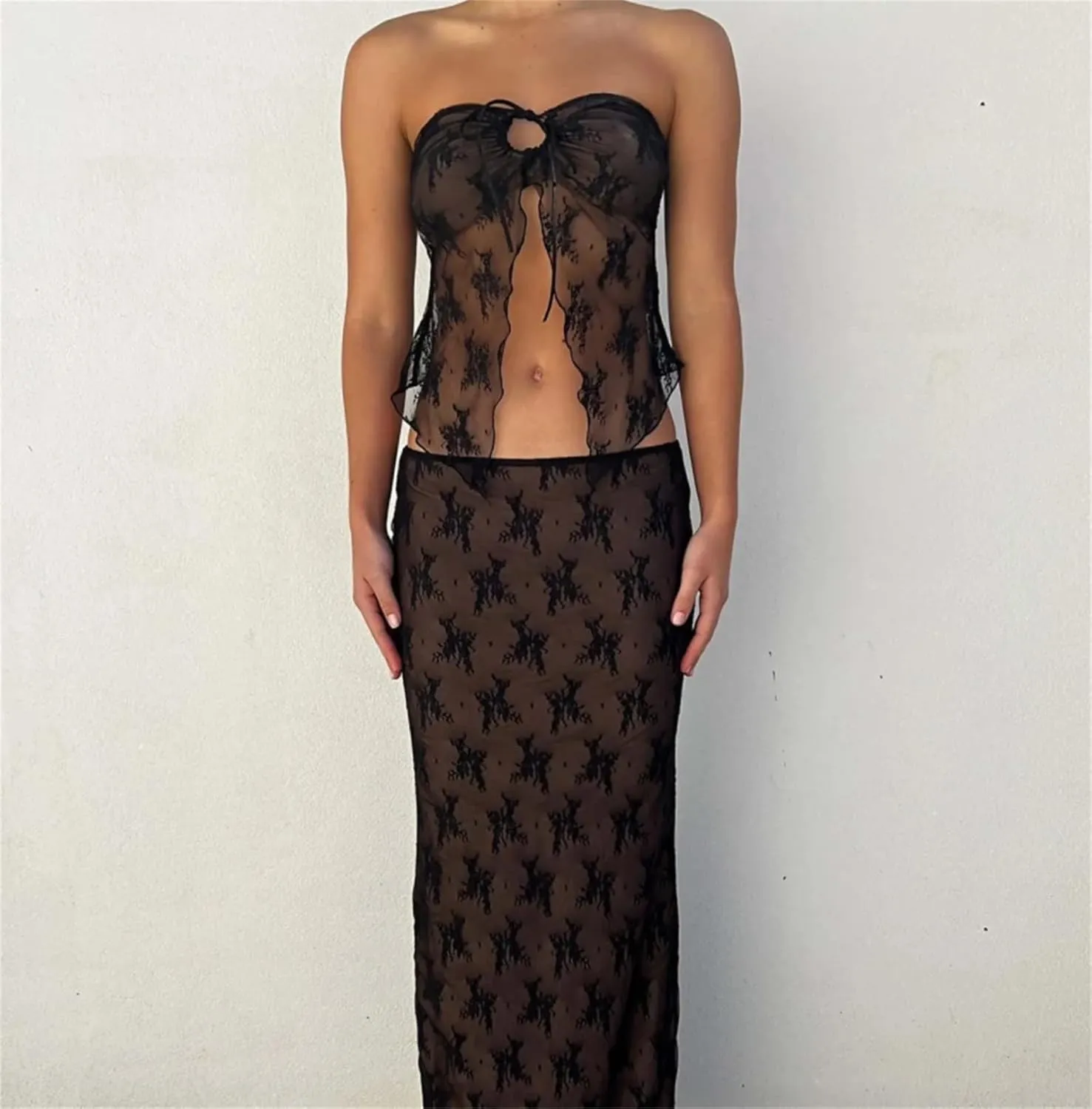 Women 2 Pieces Maxi Skirts Outfits Backless Slim Fit Camis Crop Tube Tops Split Midi Skirt Set Y2K Party Beach Clothes