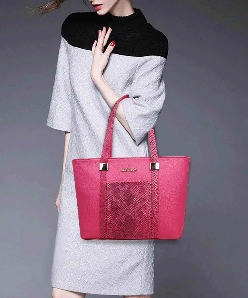 Women 6 Pcs Bag Set Stitching Handbag and Purse PU Top-handle Bag Tote Clutch Wallet Card Holder