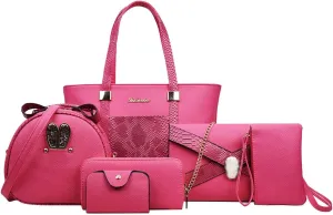 Women 6 Pcs Bag Set Stitching Handbag and Purse PU Top-handle Bag Tote Clutch Wallet Card Holder