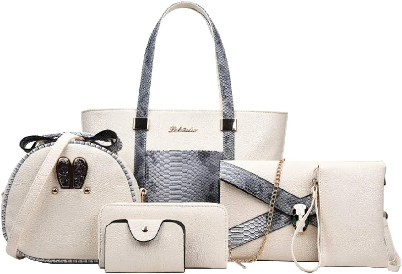 Women 6 Pcs Bag Set Stitching Handbag and Purse PU Top-handle Bag Tote Clutch Wallet Card Holder