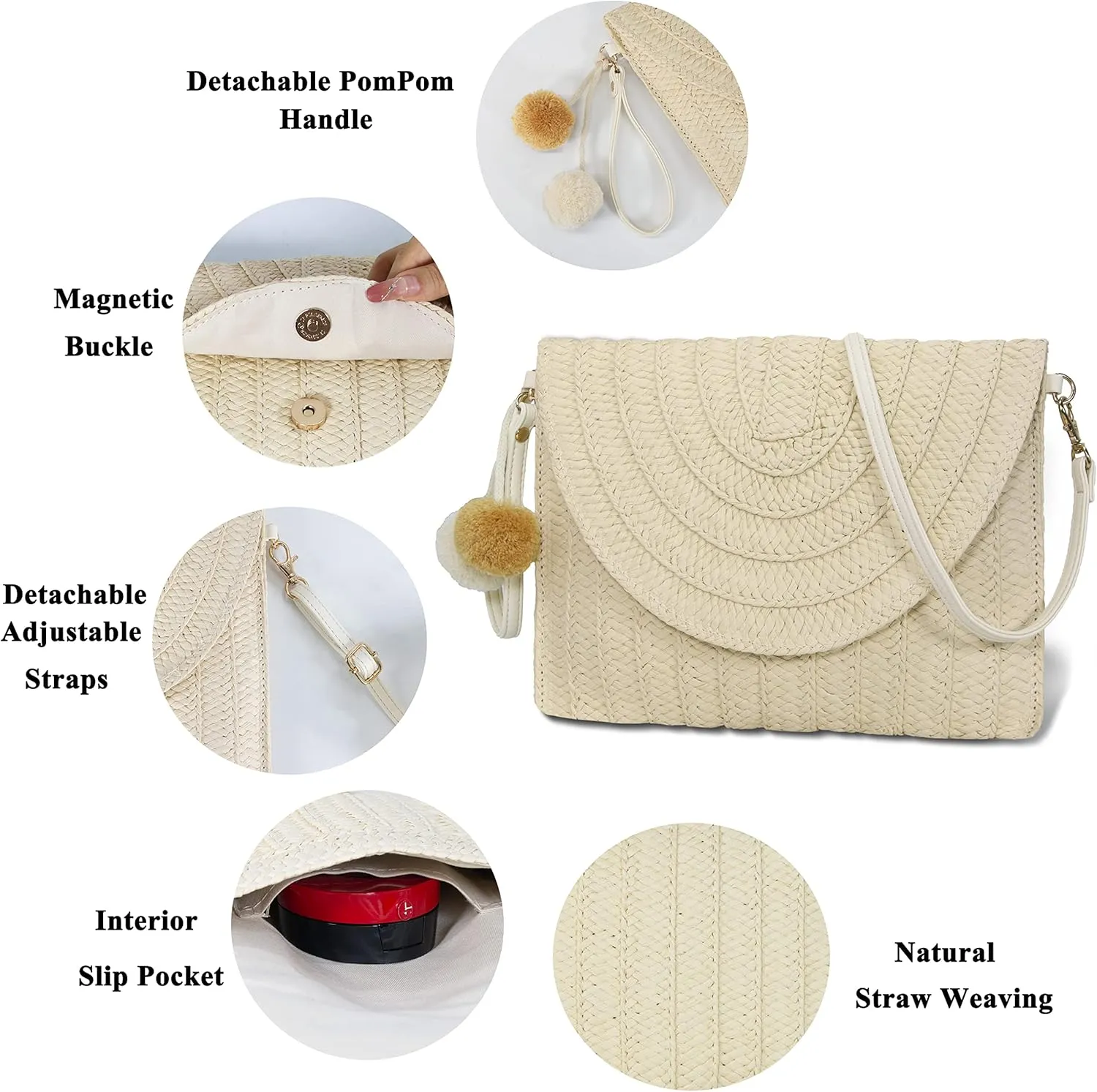 Women Beach Bag Summer Straw Woven Shoulder Bag Crossbody Bucket Handbags Handmade Hobo Purse Bamboo Handle