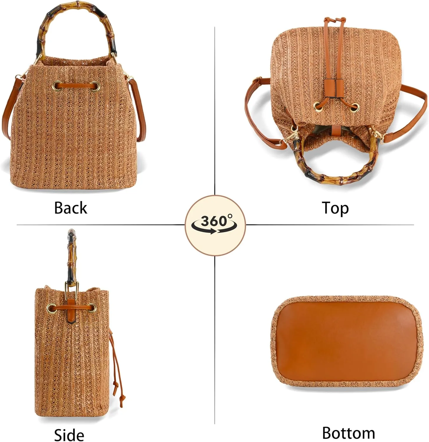 Women Beach Bag Summer Straw Woven Shoulder Bag Crossbody Bucket Handbags Handmade Hobo Purse Bamboo Handle