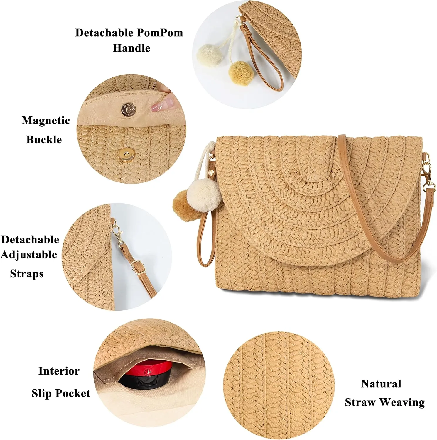 Women Beach Bag Summer Straw Woven Shoulder Bag Crossbody Bucket Handbags Handmade Hobo Purse Bamboo Handle