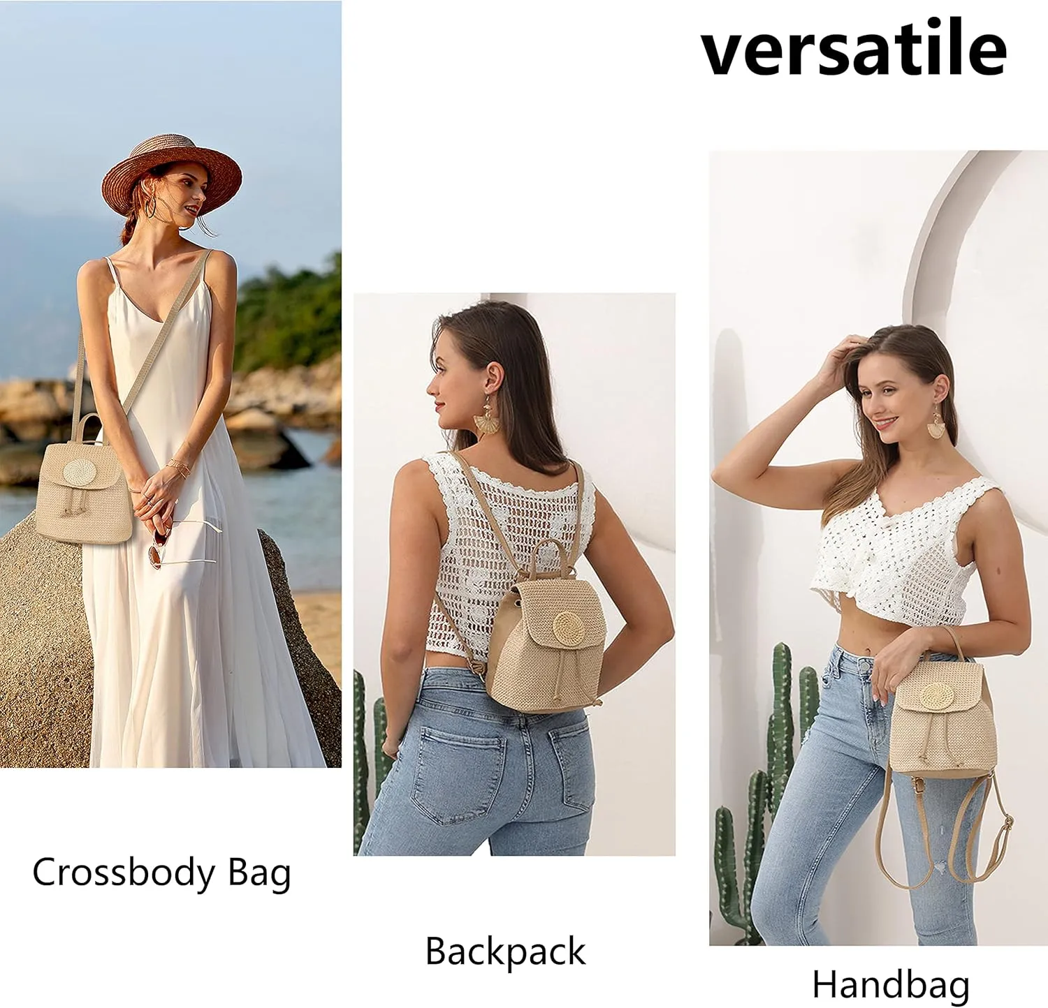 Women Beach Bag Summer Straw Woven Shoulder Bag Crossbody Bucket Handbags Handmade Hobo Purse Bamboo Handle