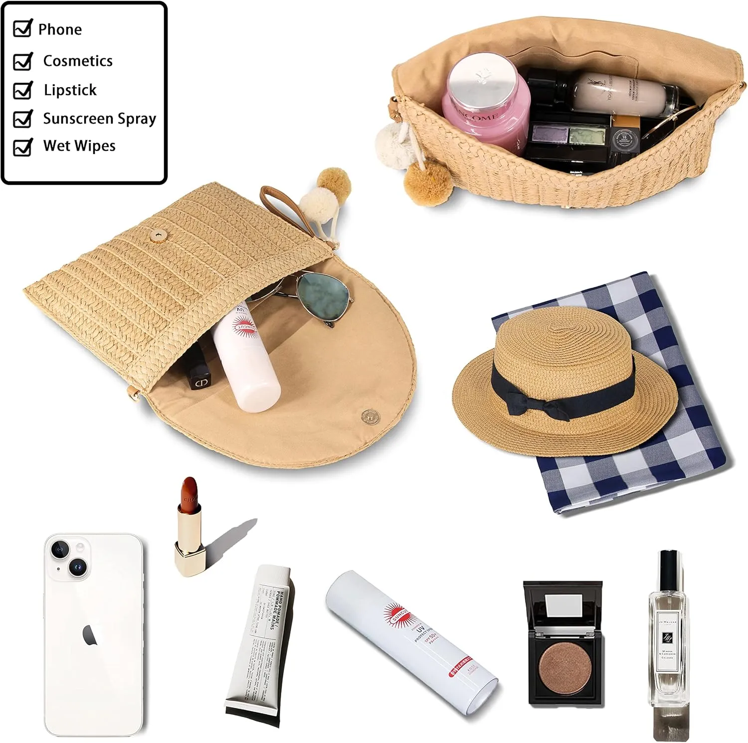 Women Beach Bag Summer Straw Woven Shoulder Bag Crossbody Bucket Handbags Handmade Hobo Purse Bamboo Handle