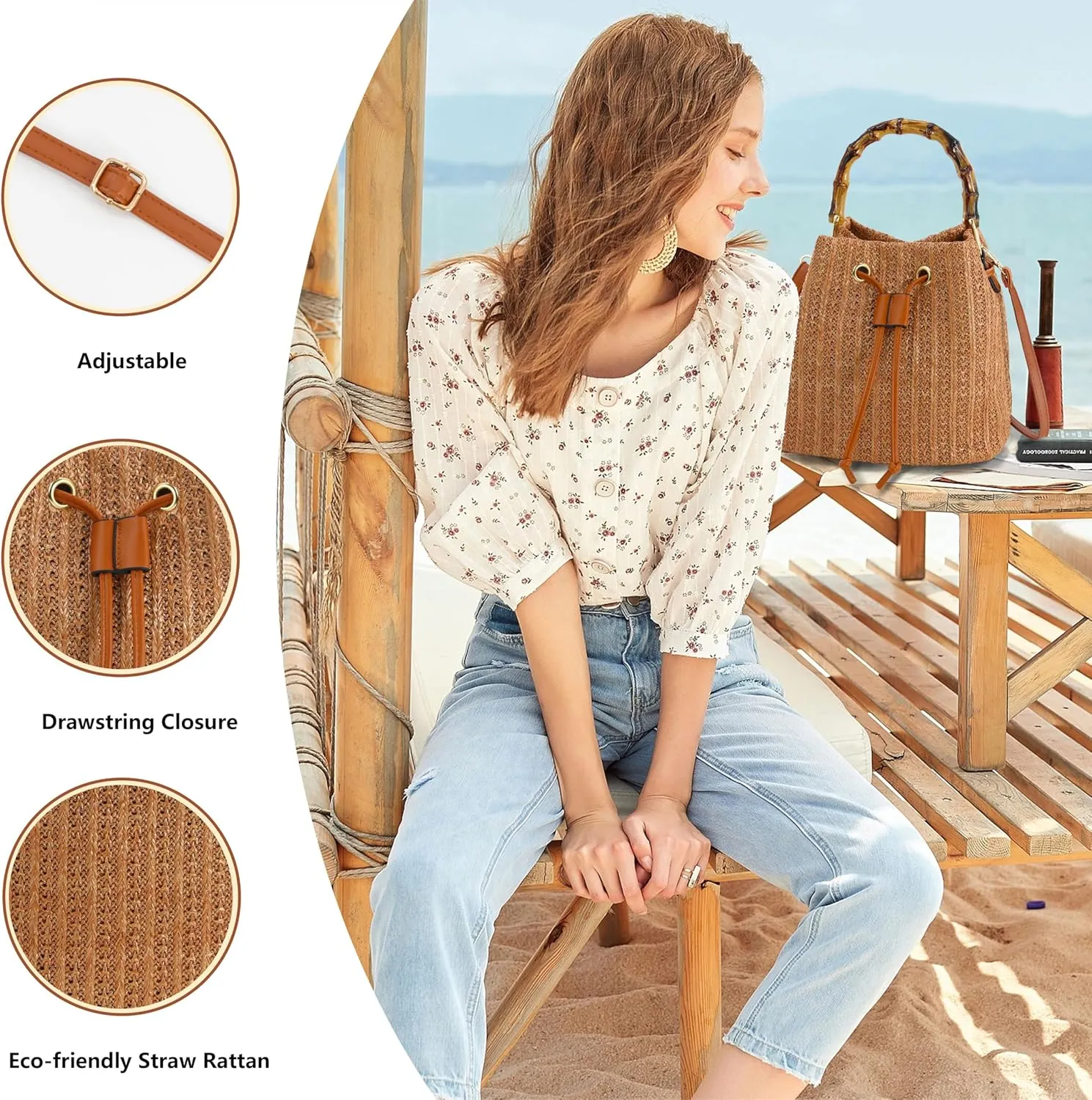 Women Beach Bag Summer Straw Woven Shoulder Bag Crossbody Bucket Handbags Handmade Hobo Purse Bamboo Handle