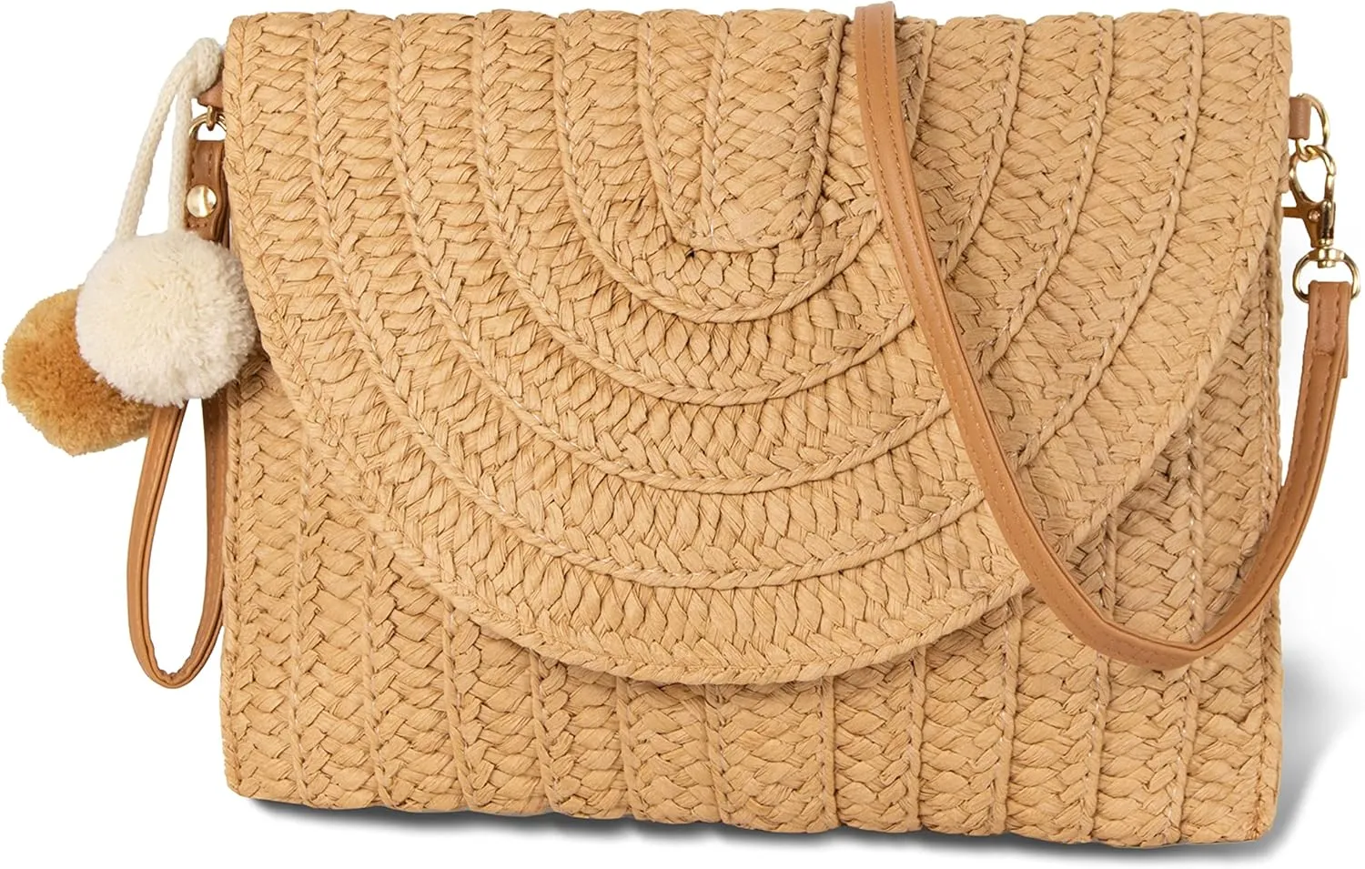 Women Beach Bag Summer Straw Woven Shoulder Bag Crossbody Bucket Handbags Handmade Hobo Purse Bamboo Handle