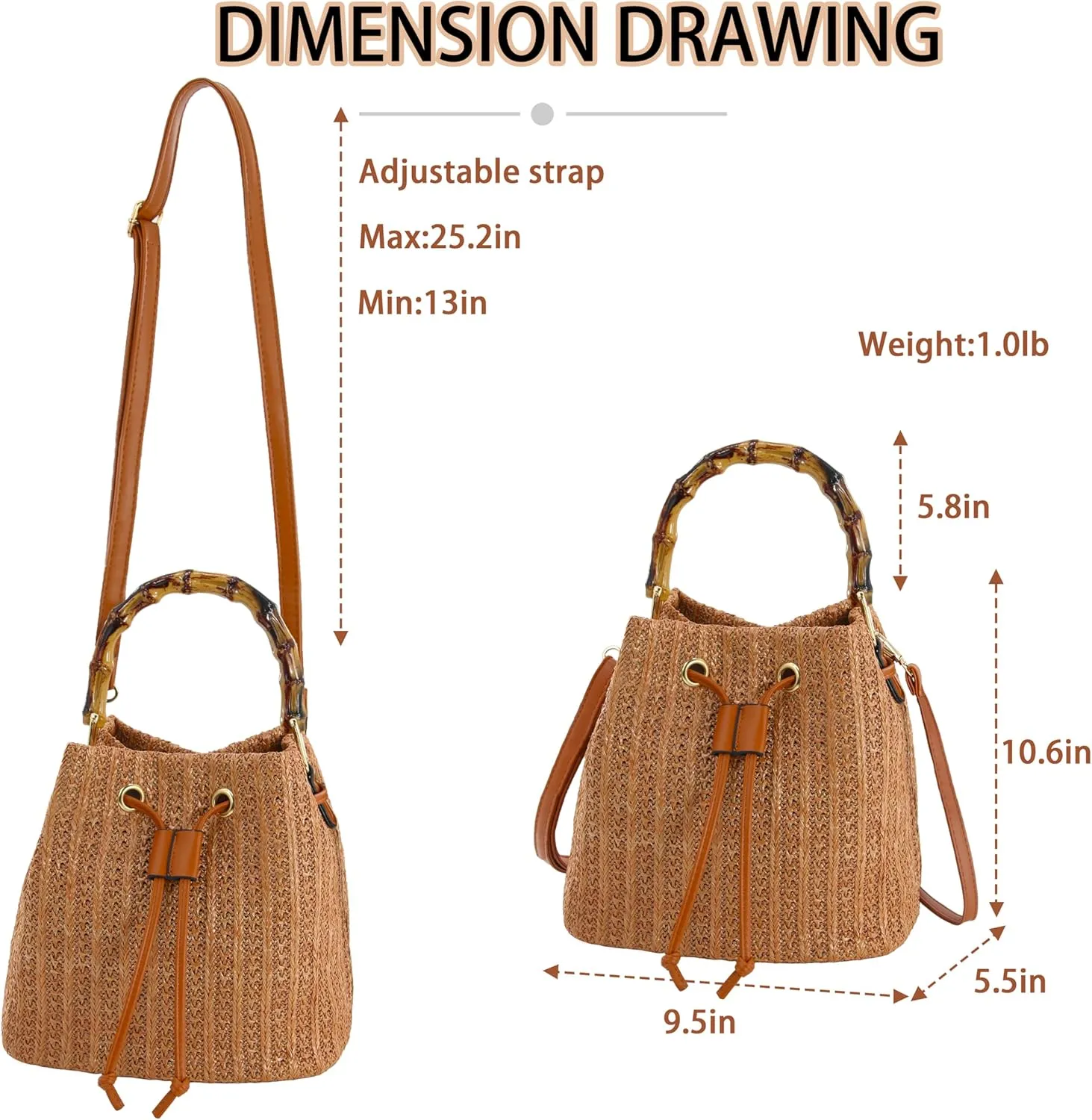 Women Beach Bag Summer Straw Woven Shoulder Bag Crossbody Bucket Handbags Handmade Hobo Purse Bamboo Handle