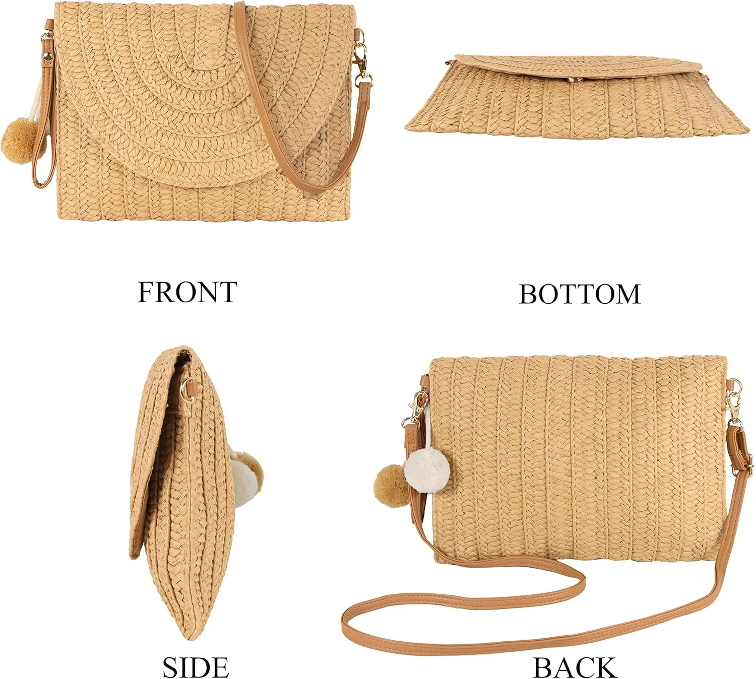 Women Beach Bag Summer Straw Woven Shoulder Bag Crossbody Bucket Handbags Handmade Hobo Purse Bamboo Handle