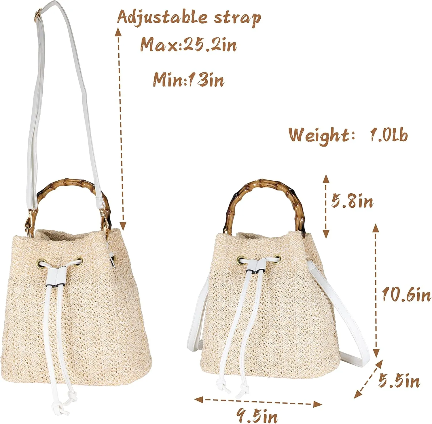 Women Beach Bag Summer Straw Woven Shoulder Bag Crossbody Bucket Handbags Handmade Hobo Purse Bamboo Handle