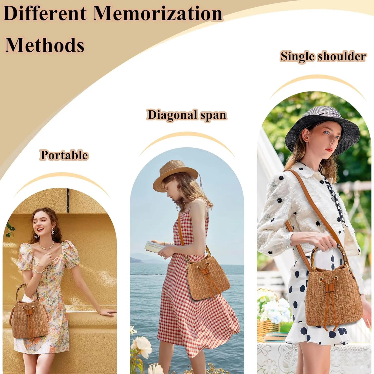 Women Beach Bag Summer Straw Woven Shoulder Bag Crossbody Bucket Handbags Handmade Hobo Purse Bamboo Handle